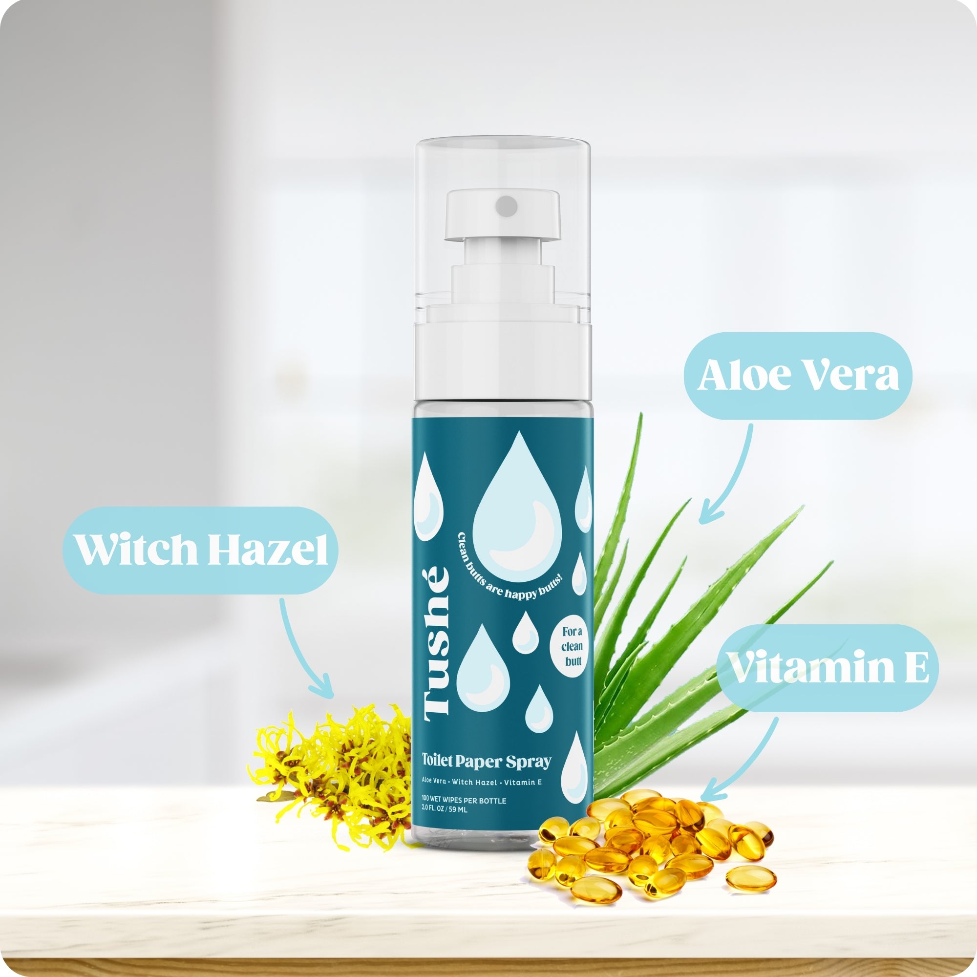 Tushe toilet paper spray: Aloe vera, Witch hazel, Vitamin E; soothing, hygienic, plumber approved, travel-sized.