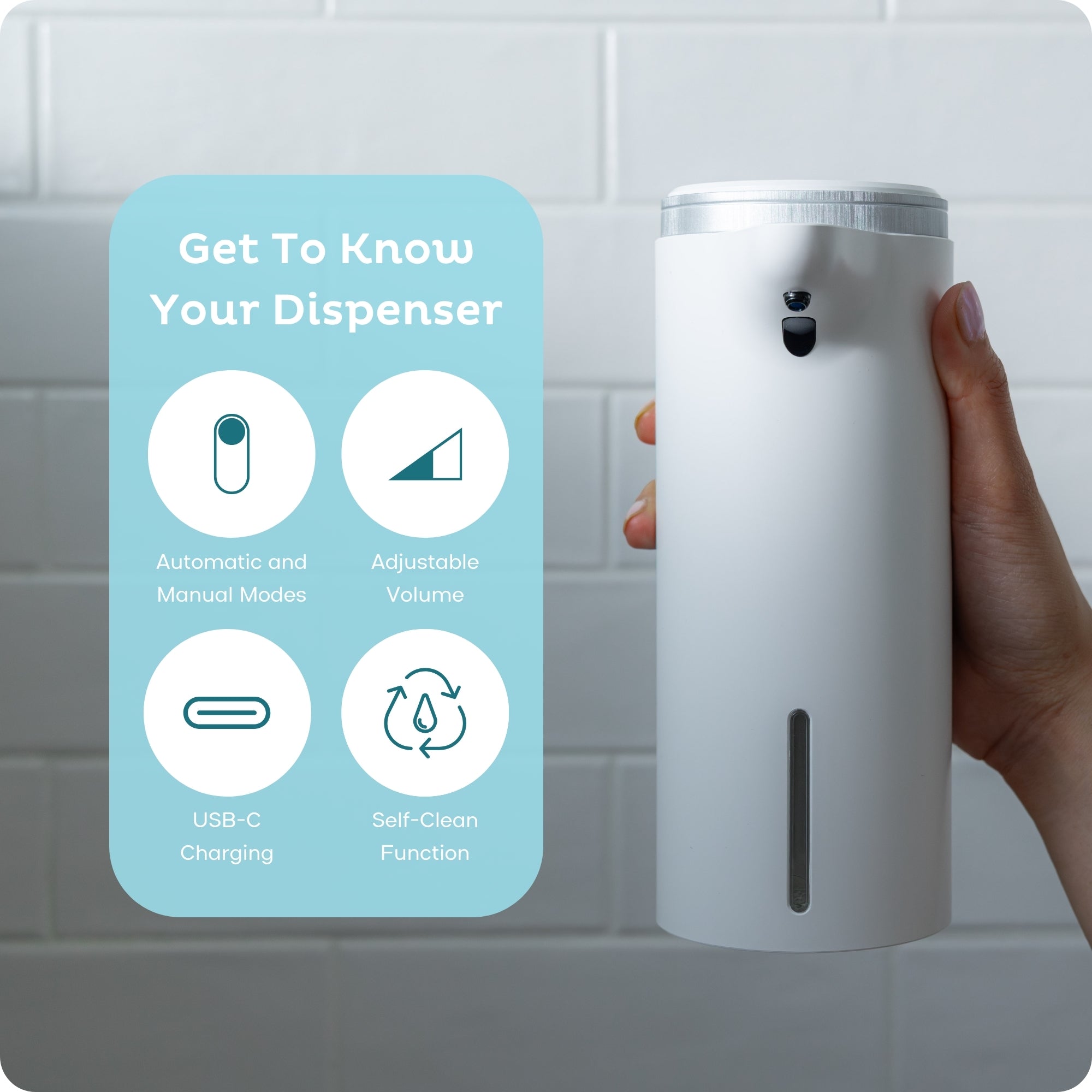 White toilet paper foam dispenser features include automatic and manual modes; adjustable foam volume; USB-C charging; Self-clean function; IPX7 waterproof.