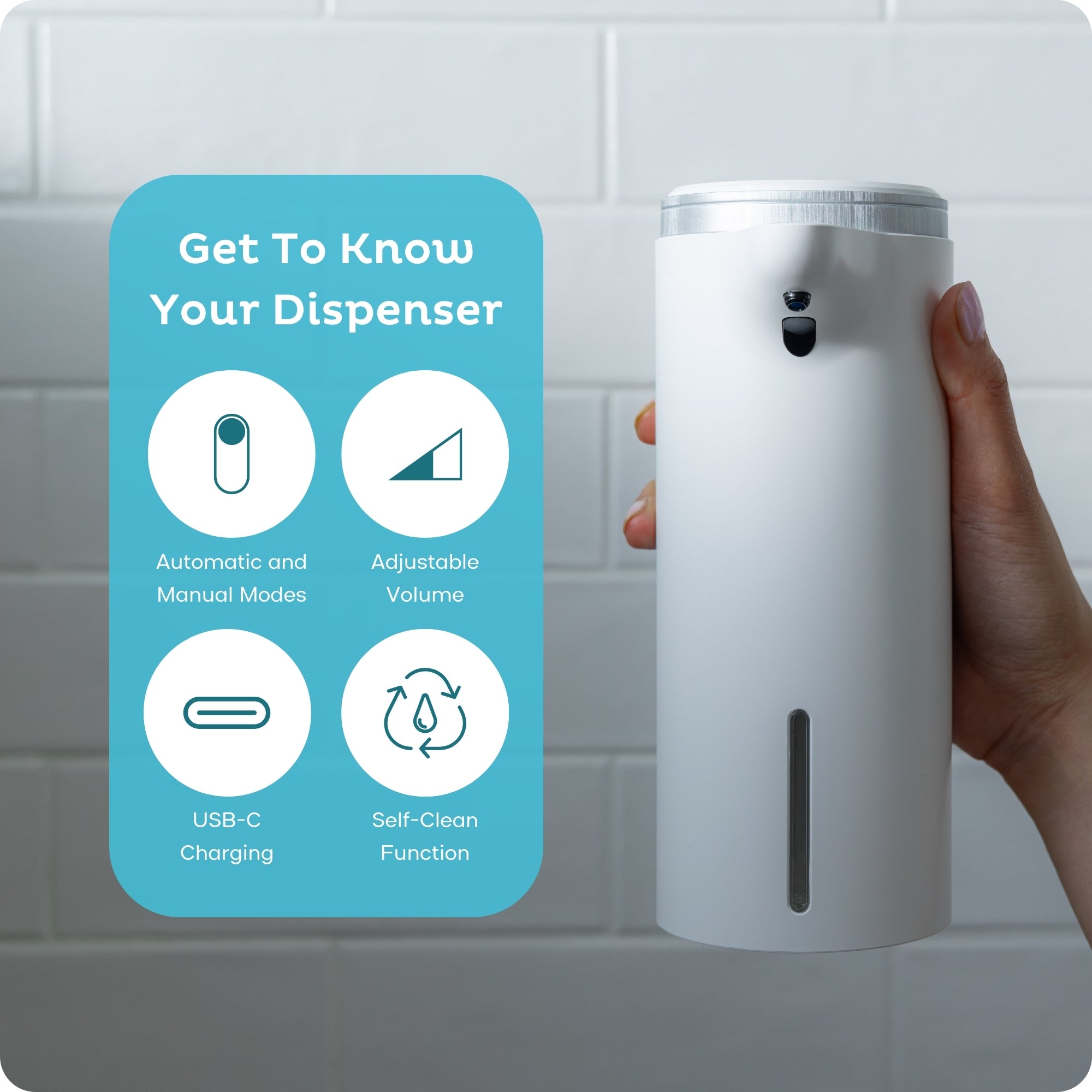 White toilet paper foam dispenser features include automatic and manual modes; adjustable foam volume; USB-C charging; Self-clean function; IPX7 waterproof.