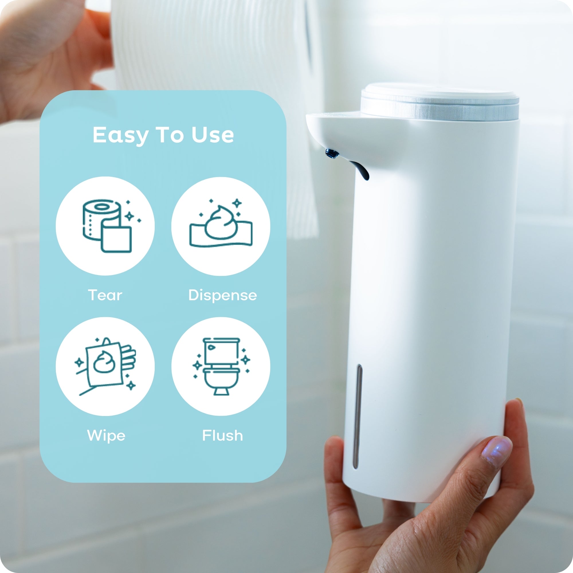 White Tushe touchless dispenser next to toilet paper roll. Use for easy butt cleansing: tear, dispense, wipe, flush. Flushable and sensitive-skin friendly