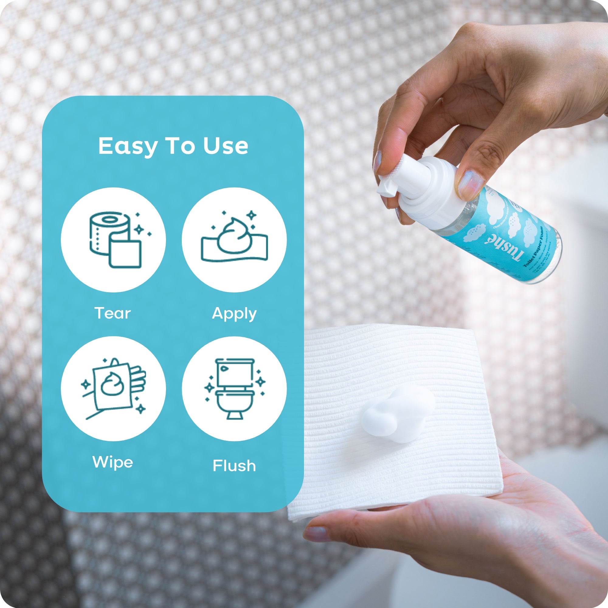 Light blue travel-sized Tushe toilet paper foam bottle dispensing foam onto toilet paper: easy to use for butt cleaning: tear TP, dispense foam, wipe, flush.