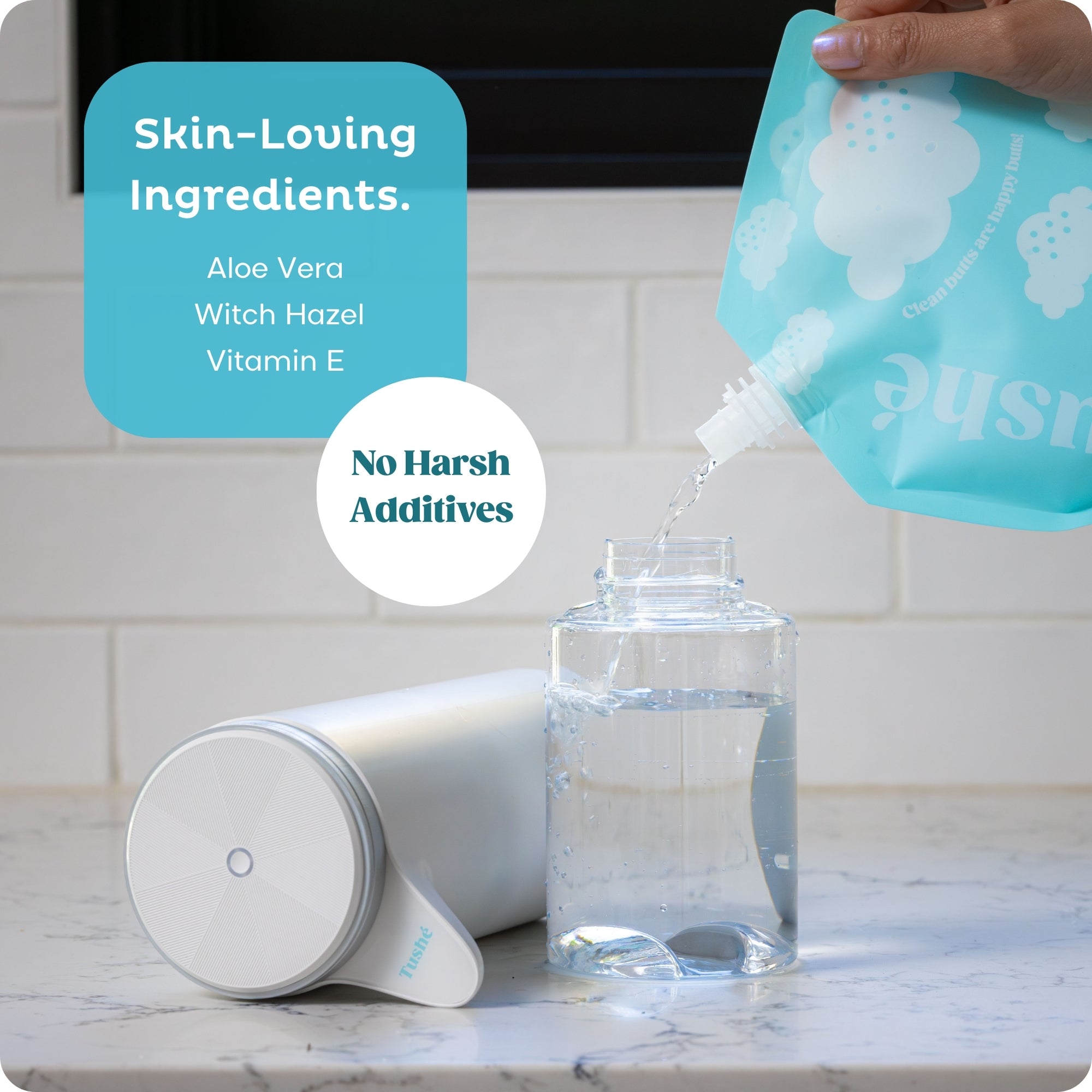  Tushe toilet paper foam refill with witch hazel, aloe vera, and vitamin E. Refills 1 dispenser or 7 bottles