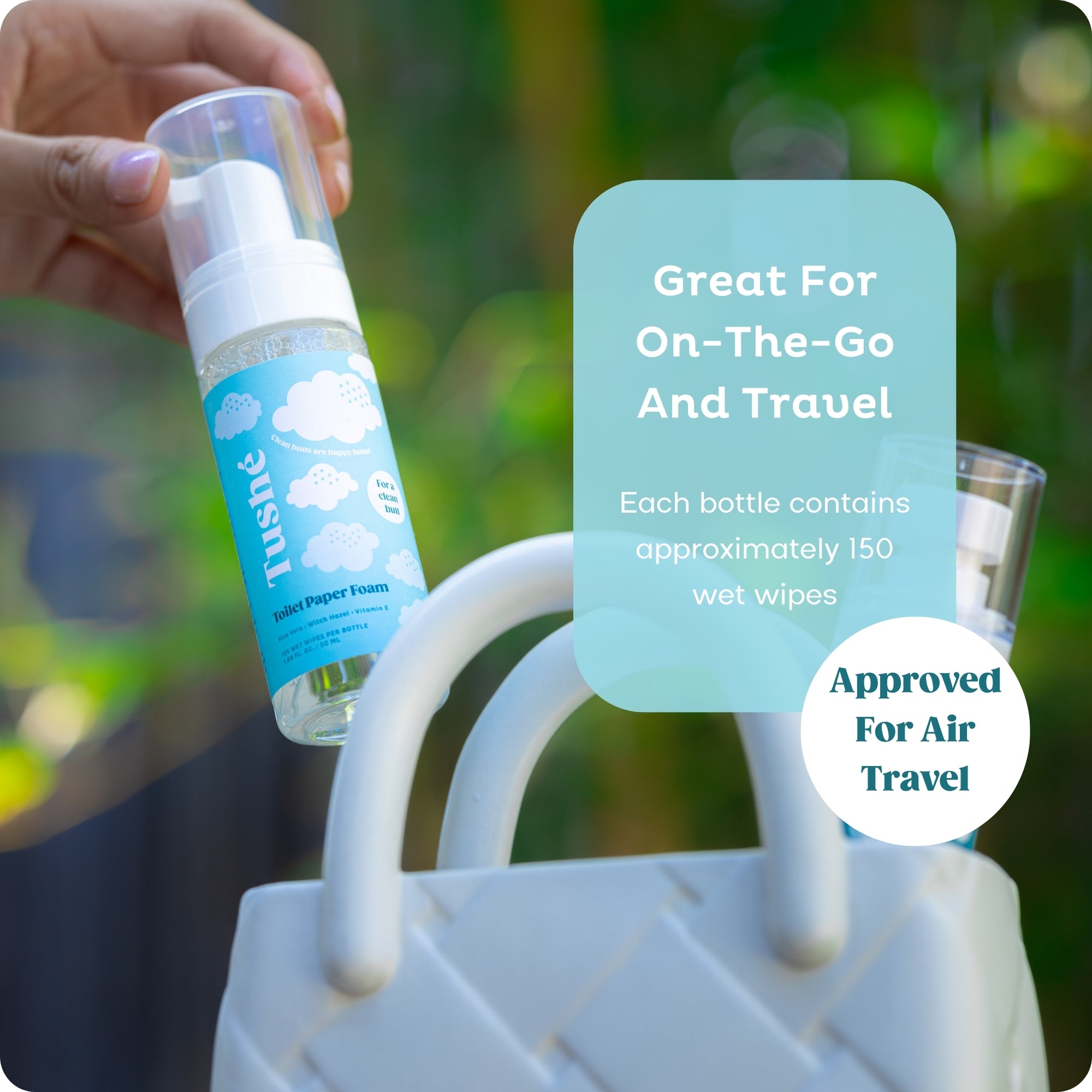 Light blue Tushe toilet paper foam bottle being put into white purse. Each bottle is great for on-the-go and approved for air travel. 1.69 fl. oz. bottle is about 150 wipes.