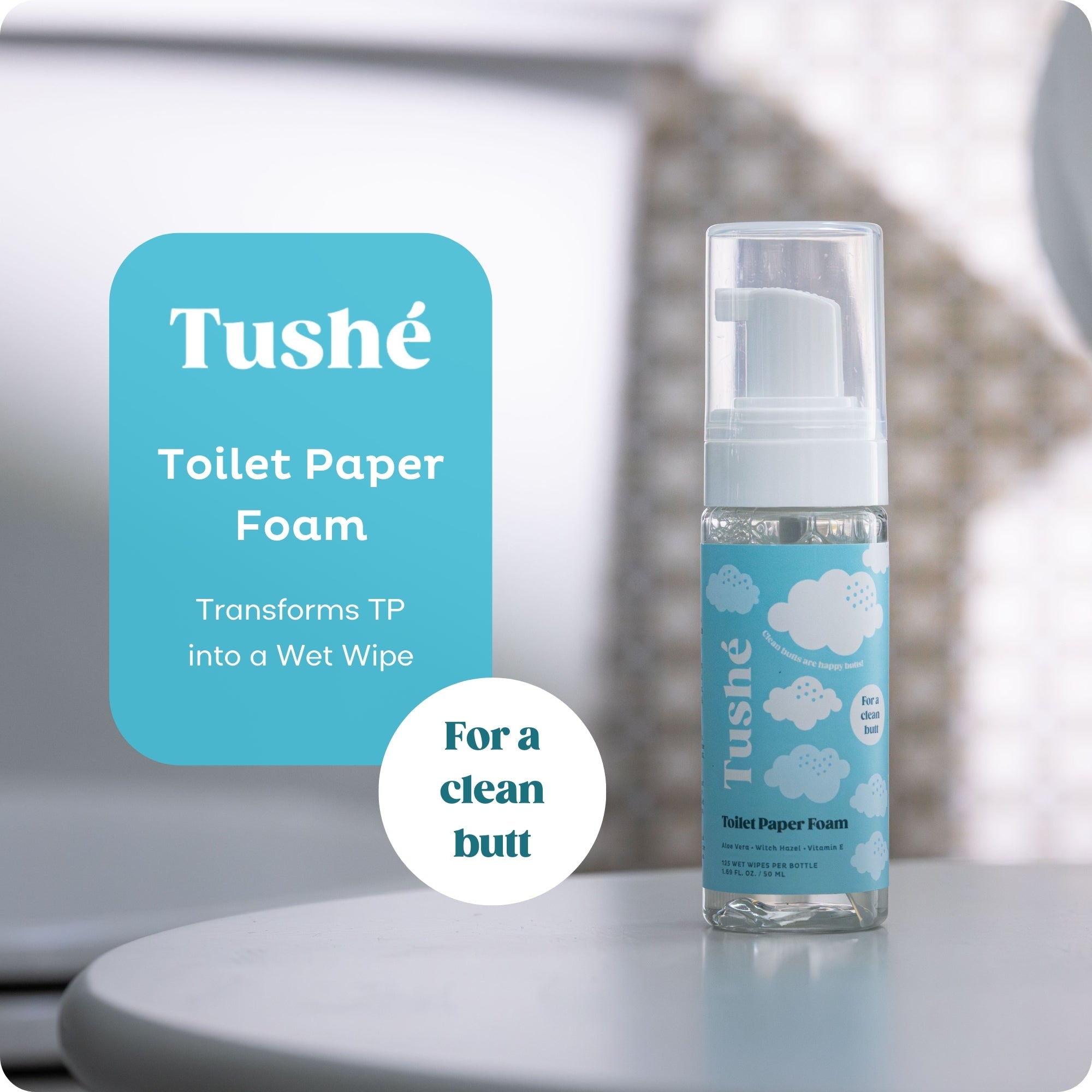 Natural, eco-friendly toilet paper foam bottle with aloe vera, witch hazel, and vitamin E to provide a deep clean for your butt. Paraben & sulfate-free. 1.69 fl. oz / 50 mL. Travel-sized