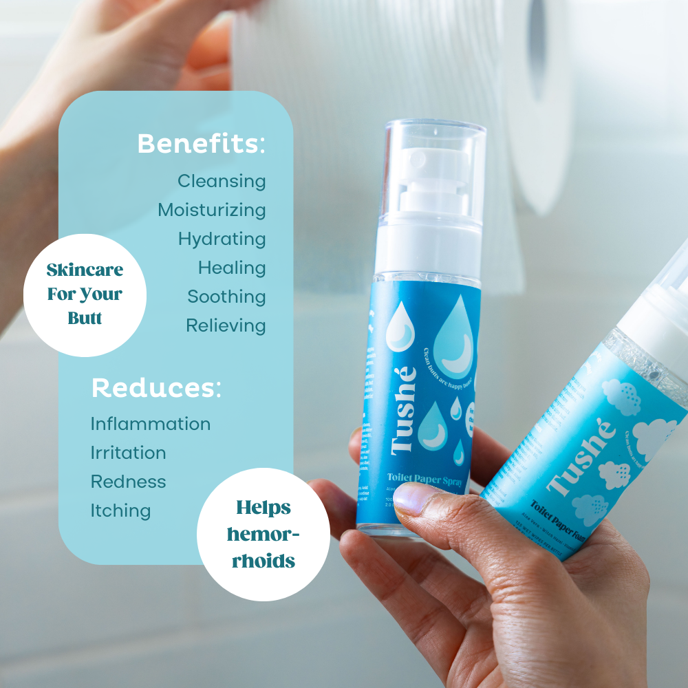 Toilet paper foam and spray bottles held in front of toilet paper. Benefits include cleansing, moisturizing, healing. Reduces inflammation, redness, itching. "Skincare for your butt" and "Helps hemorrhoids"