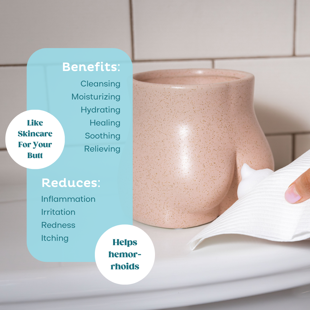 Hand holding toilet paper with foam demonstrating how to wipe a vase shaped like a butt. Benefits (cleansing, moisturizing, hydrating, healing, soothing, relieving) like skincare for your butt. Reduces inflammation, irritation, redness, itching, and helps hemorrhoids