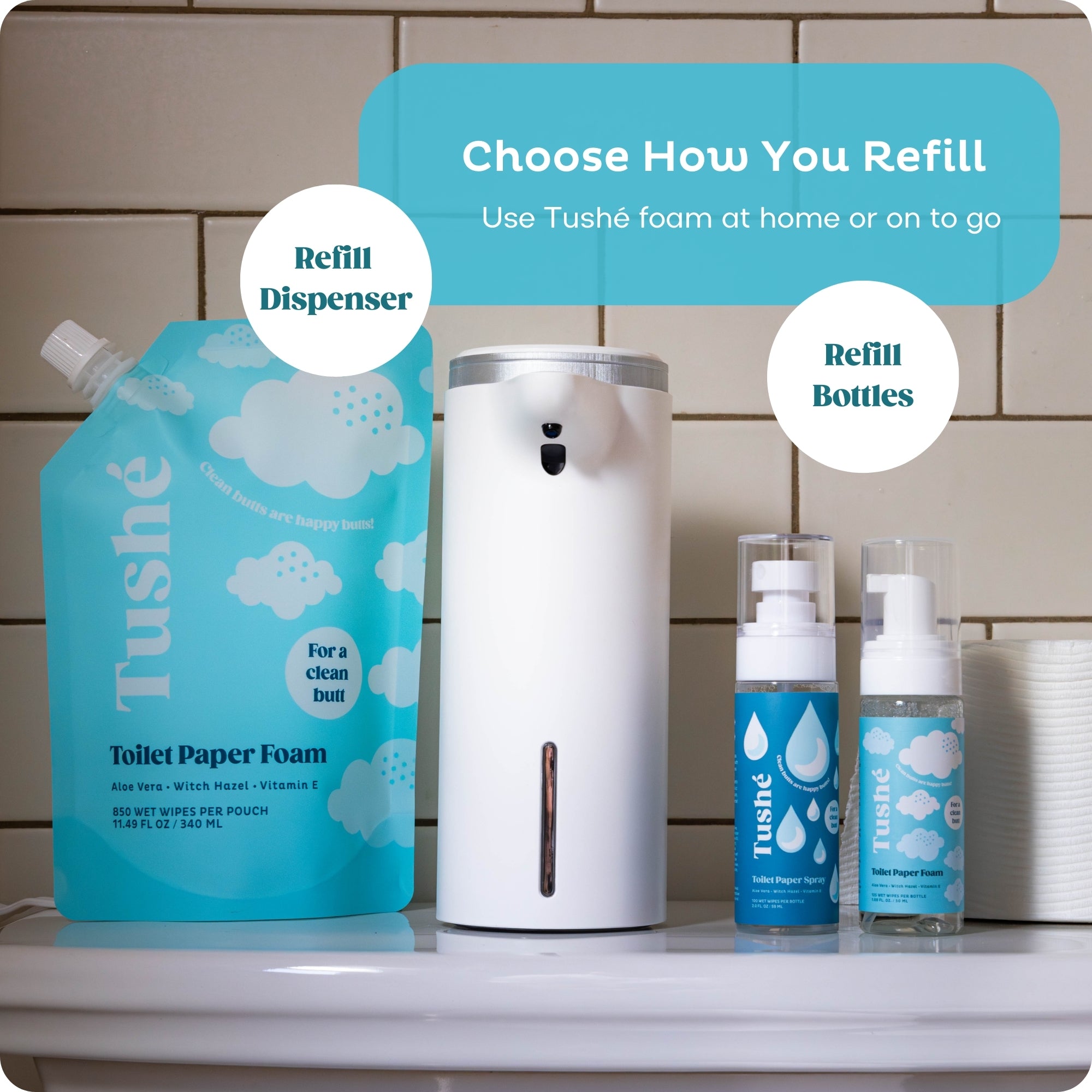 Tushe toilet paper foam refill pouch can fill the white touchless auto foam dispenser once or the toilet paper foam bottle up to 7 times so you can choose to wipe at home or on the go.