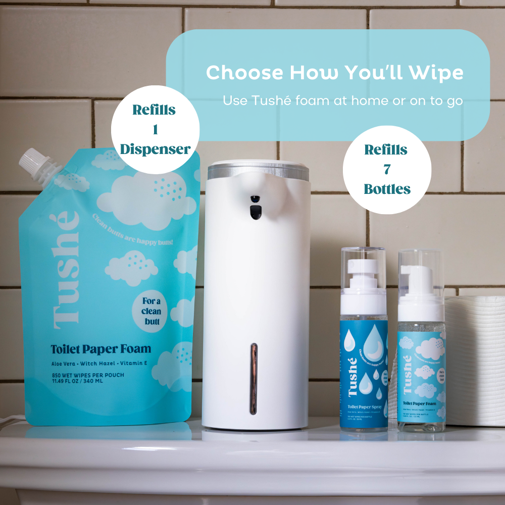 Tushe toilet paper foam refill pouch can fill the white touchless auto foam dispenser once or the toilet paper foam bottle up to 7 times so you can choose to wipe at home or on the go.