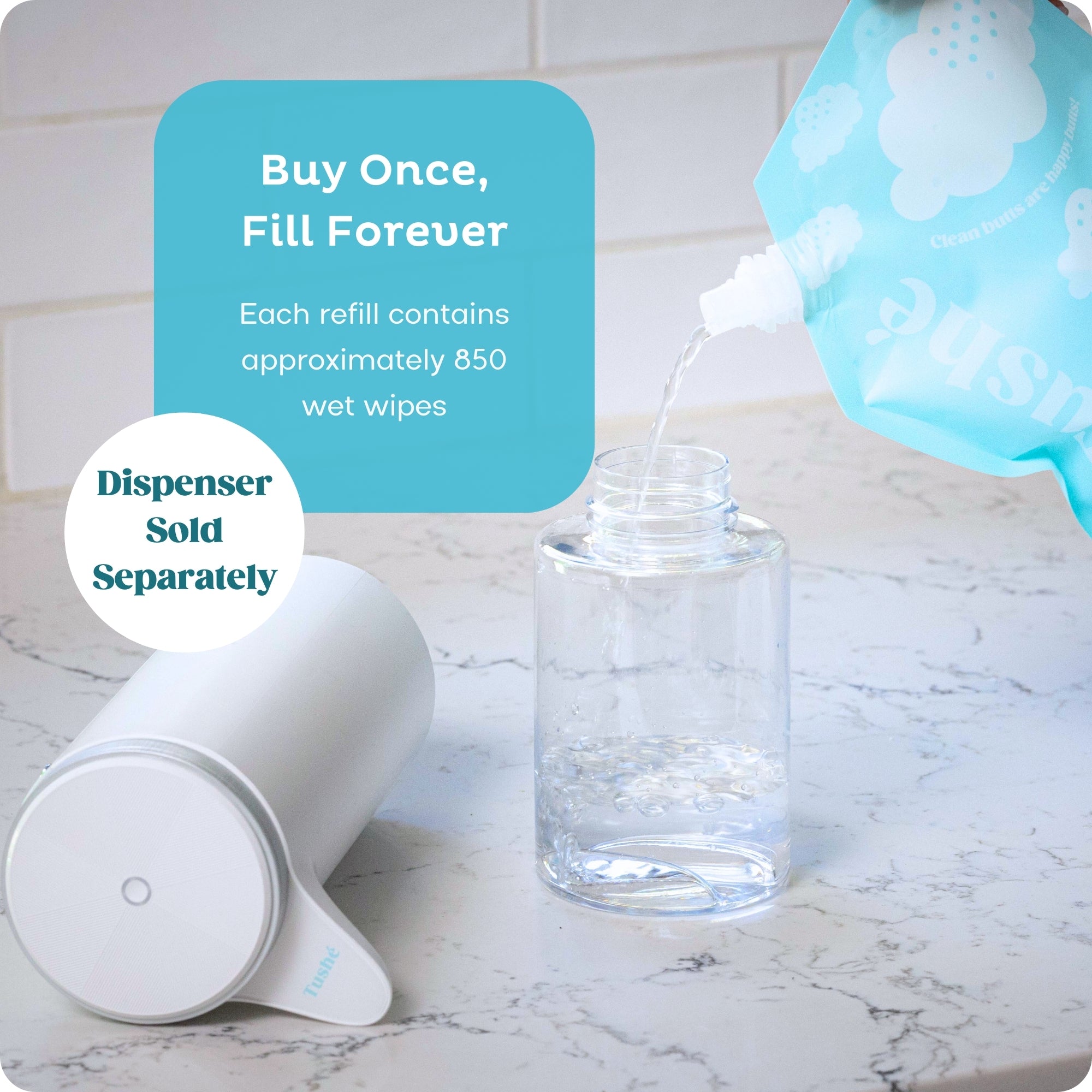 Refresh your bathroom with Tushe Starter Kit. Refill your auto dispenser with our toilet paper foam (included in the starter kit) for a pristine and refreshing experience. Each refill pouch contains 850 wet wipes.
