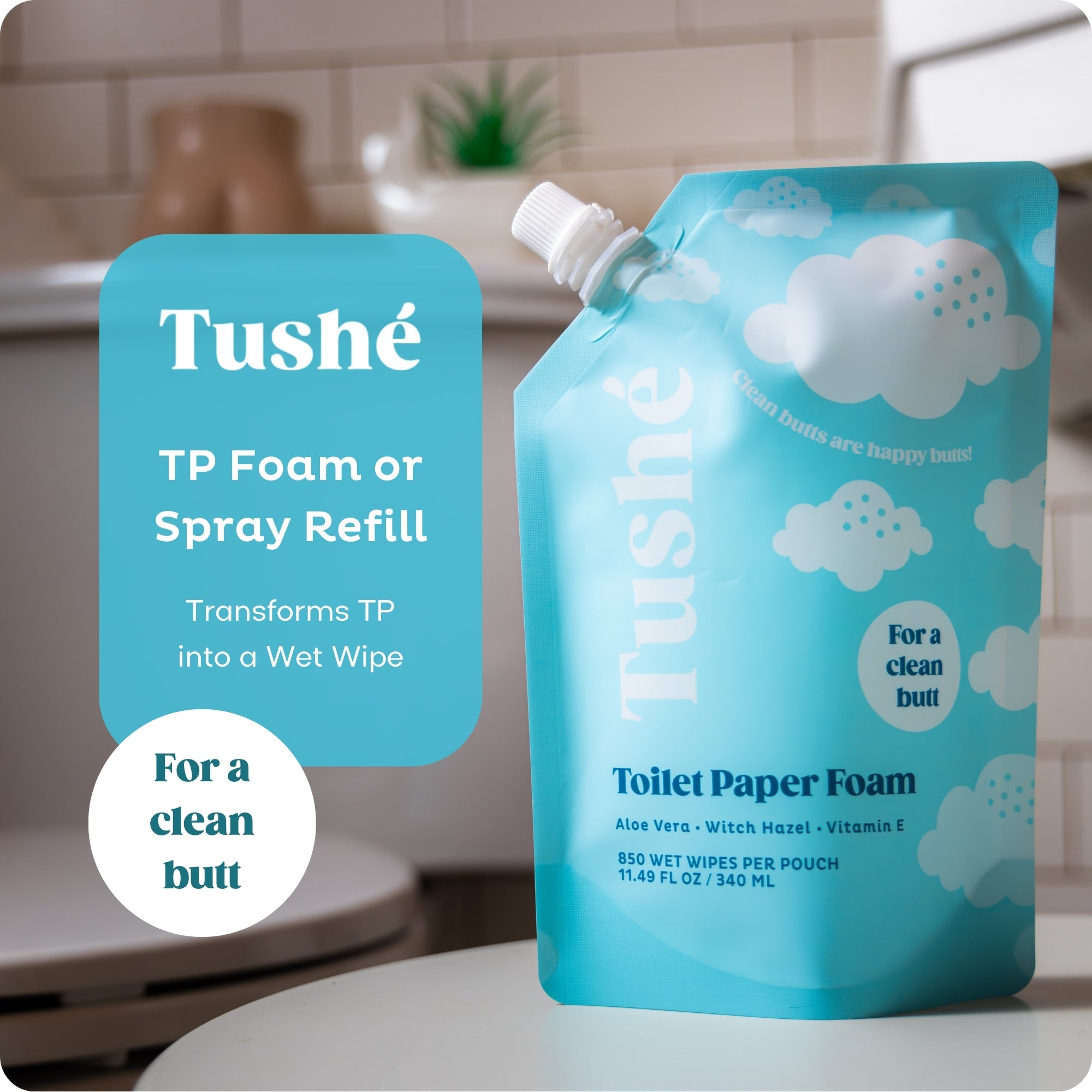 Refill pouch for Tushe toilet paper foam. Contains aloe vera, witch hazel, vitamin E. Instantly transforms TP into a wet wipe for butt cleaning hygiene.