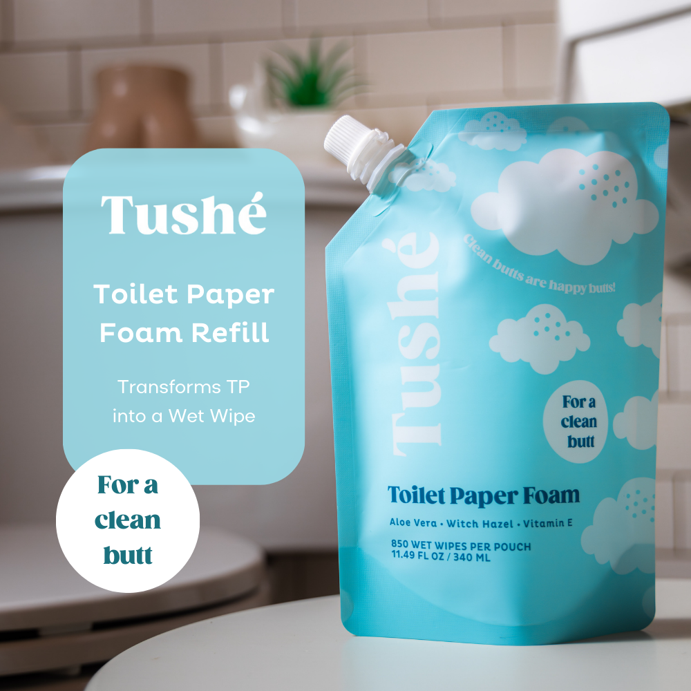 Refill pouch for Tushe toilet paper foam. Contains aloe vera, witch hazel, vitamin E. Instantly transforms TP into a wet wipe for butt cleaning hygiene.