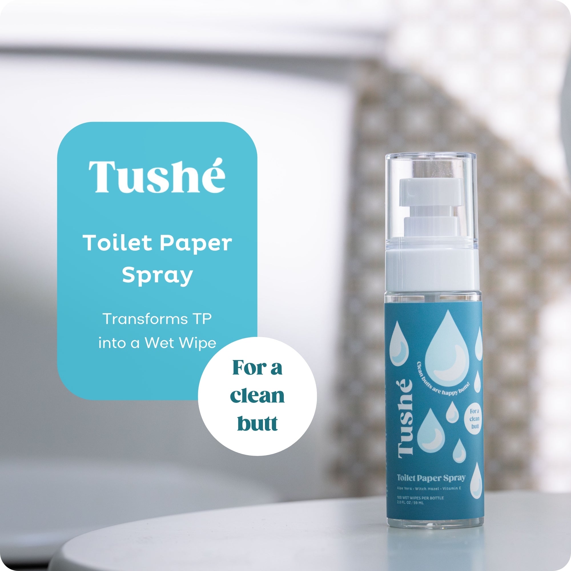 Eco-friendly butt cleaner toilet paper spray bottle with aloe vera, witch hazel, and vitamin E to transform TP into a wet wipe. Paraben & sulfate-free. 2.0 fl. oz / 59 mL. Travel-sized