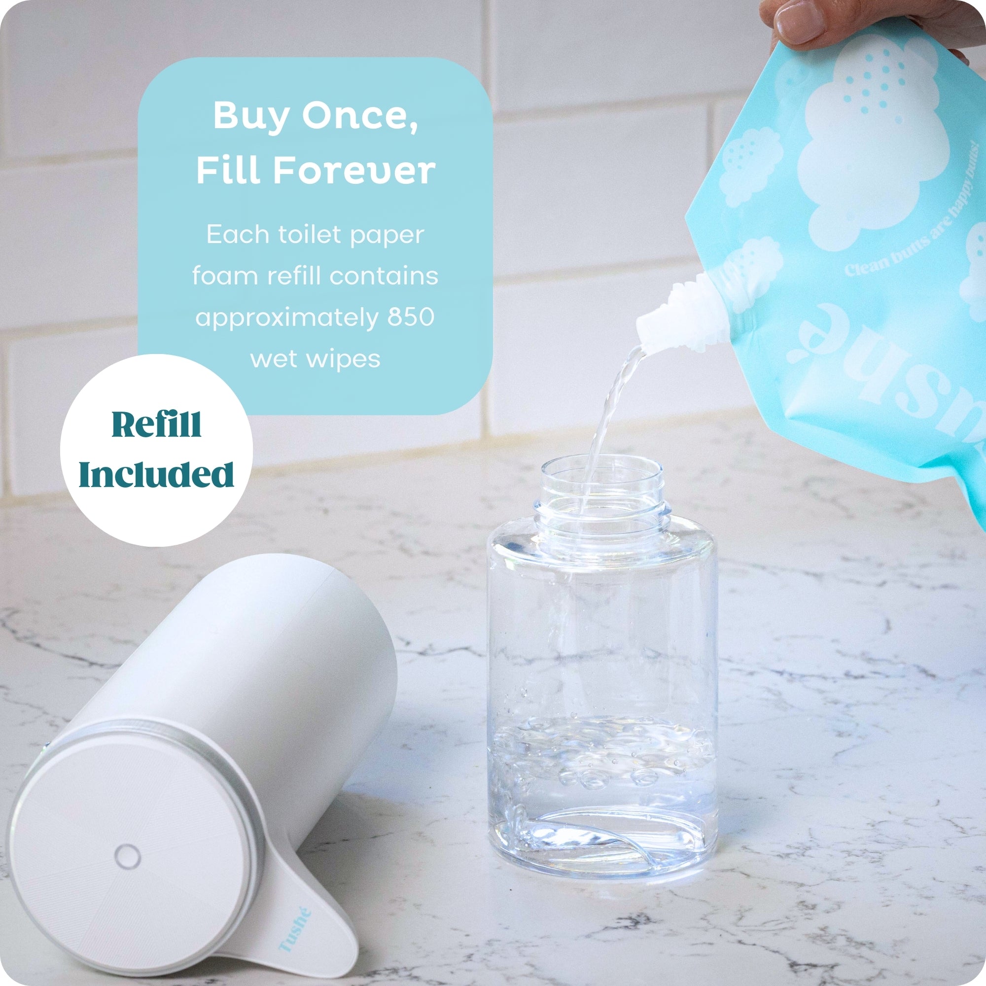 Refresh your bathroom with Tushe Starter Kit. Refill your auto dispenser with our toilet paper foam (included in the starter kit) for a pristine and refreshing experience. Each refill pouch contains 850 wet wipes.