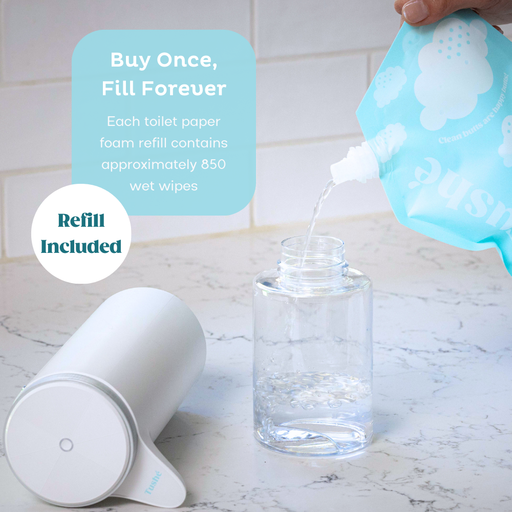 Refresh your bathroom with Tushe Starter Kit. Refill your auto dispenser with our toilet paper foam (included in the starter kit) for a pristine and refreshing experience. Each refill pouch contains 850 wet wipes.