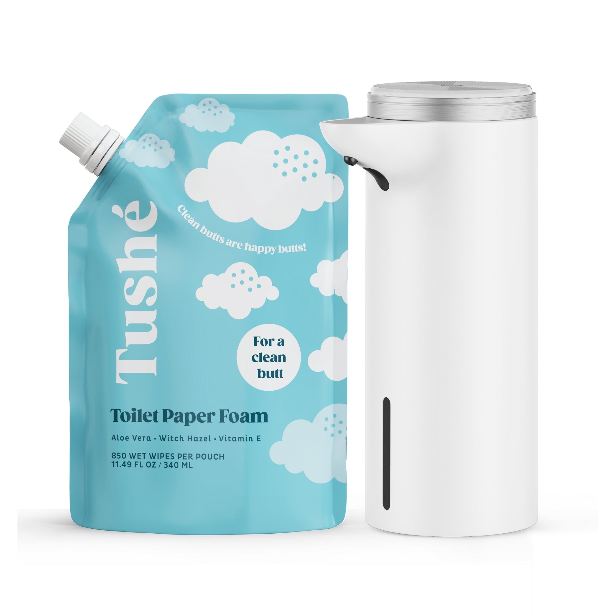 Tushe Touchless Auto Foam Dispenser And Toilet Paper Foam Refill Pouch containing Aloe vera, witch hazel, and vitamin e. Sold together in Starter Kit.