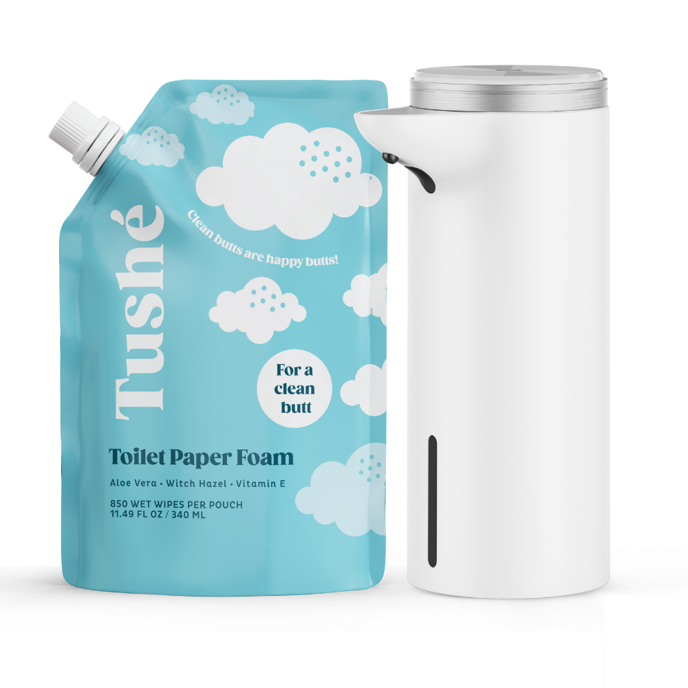 Tushe Touchless Auto Foam Dispenser And Toilet Paper Foam Refill Pouch containing Aloe vera, witch hazel, and vitamin e. Sold together in Starter Kit.