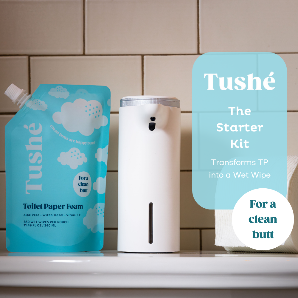 Tushe Starter Kit with touchless dispenser and toilet paper foam for eco-friendly, flushable, hygienic butt cleansing