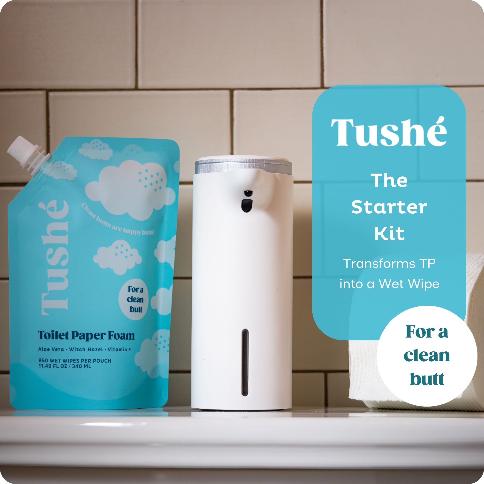 Tushe Starter Kit with touchless dispenser and toilet paper foam for eco-friendly, flushable, hygienic butt cleansing