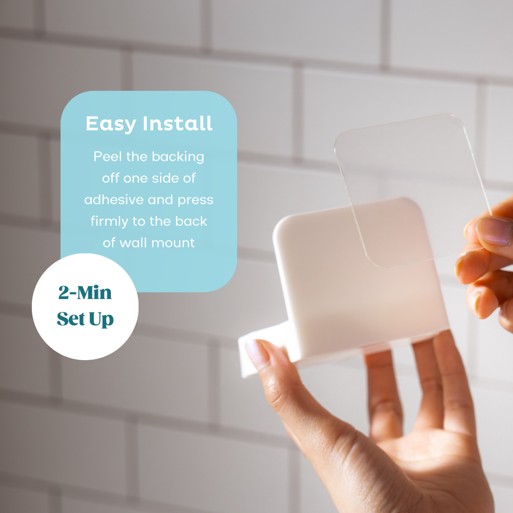 Easy 2-minute installation. Step 1 Peel off one side of the adhesive and press firmly to the back of the wall mount.