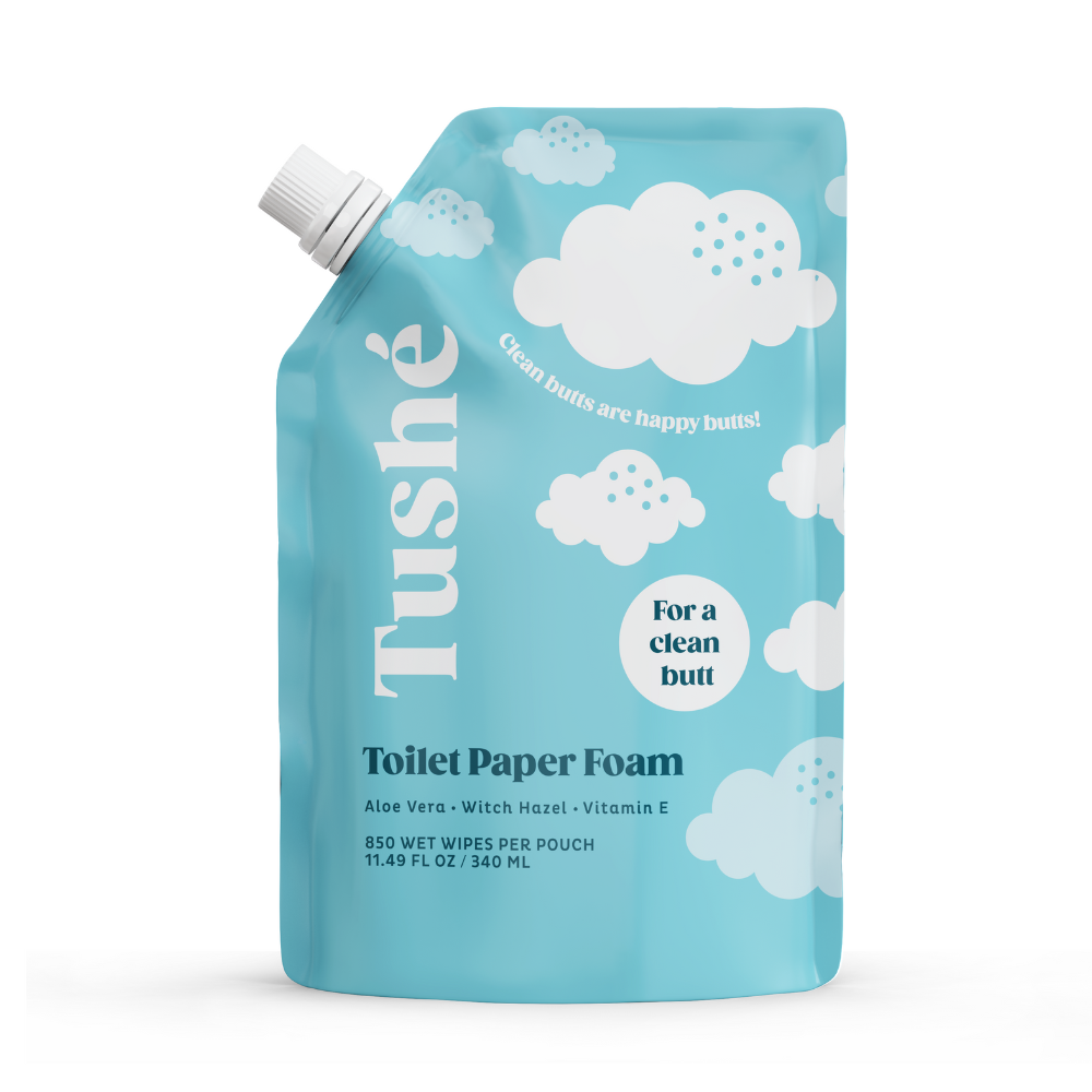 Tushe toilet paper foam refill pouch for butt hygiene. Plumber-approved septic safe formula.